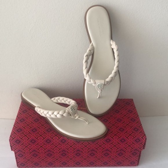 Tory Burch Ivory White Thong Braided Benton Sheep Plume Nappa Leather Sz.9 - Picture 15 of 16